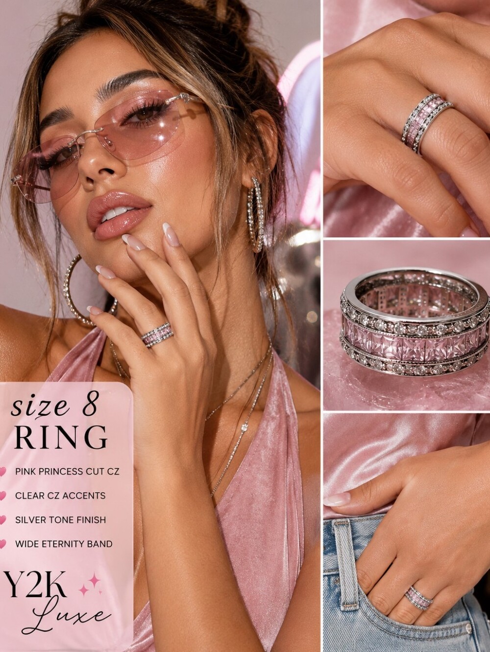 Size 8 Silver Tone Pink Princess Cut CZ Eternity Band Ring